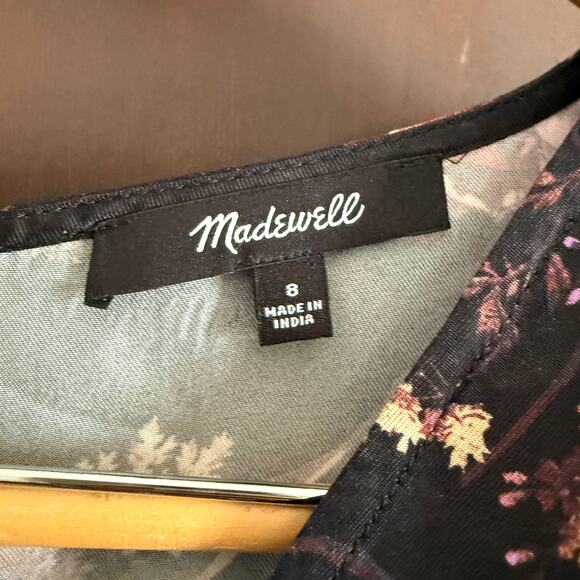 MADEWELL | Black Floral Wide V Neck Midi Dress Vegan Silk 1920s Style | Size 8 - Picture 5 of 8